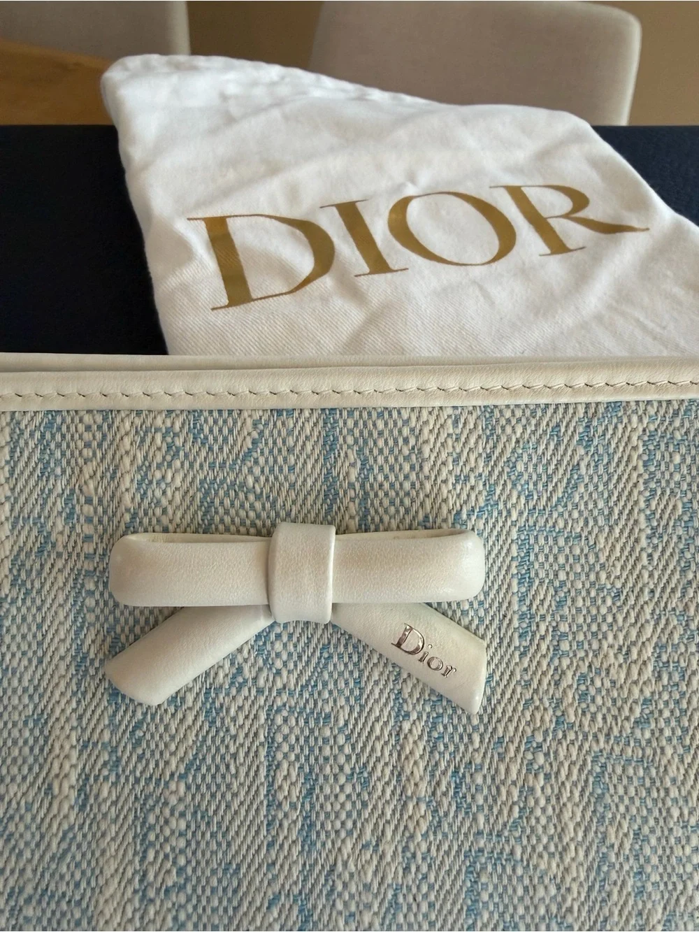 Dior Light Blue and White Bow-Trim Cosmetic Pouch